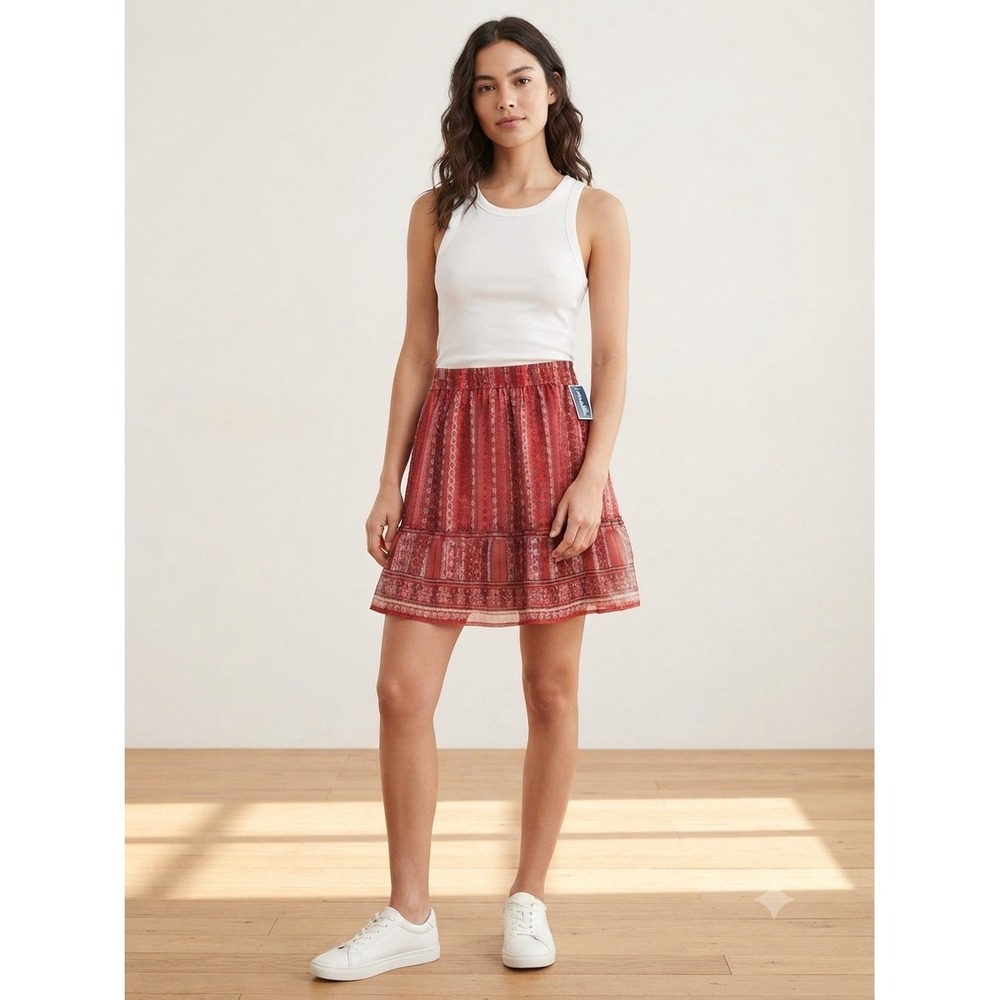 Loft Mini Skirt Womens M Red Boho Paisley Smocked Tiered Ruffle Metallic Shimmer